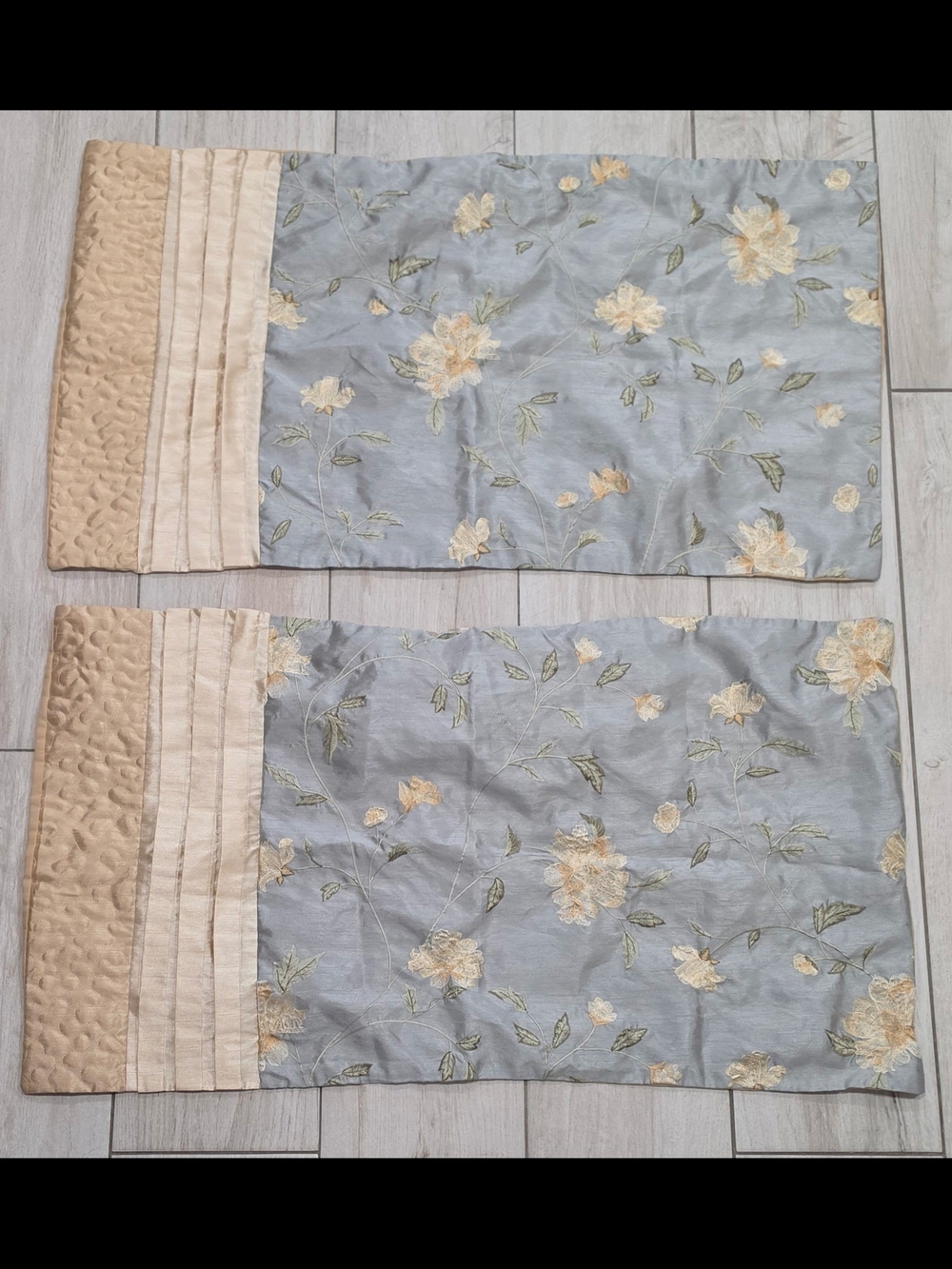 Vintage Floral Embroidered Pillow Shams in Light Blue and Cream